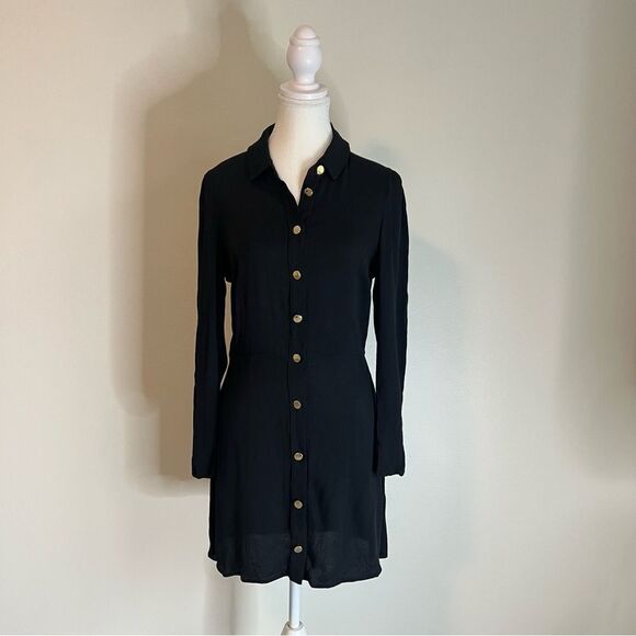Reformation Hugh Black Collared Long Sleeve Mini Dress Gold Button Down Size 8 - Picture 5 of 10